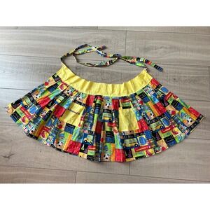Handmade School Supply Print Half Apron Yellow Pockets Pleated